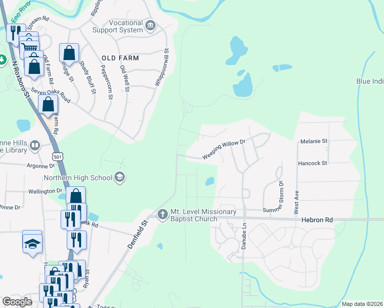 map of restaurants, bars, coffee shops, grocery stores, and more near 320 Weeping Willow Drive in Durham