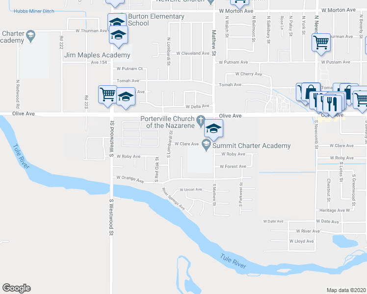 map of restaurants, bars, coffee shops, grocery stores, and more near 2133 West Clare Avenue in Porterville