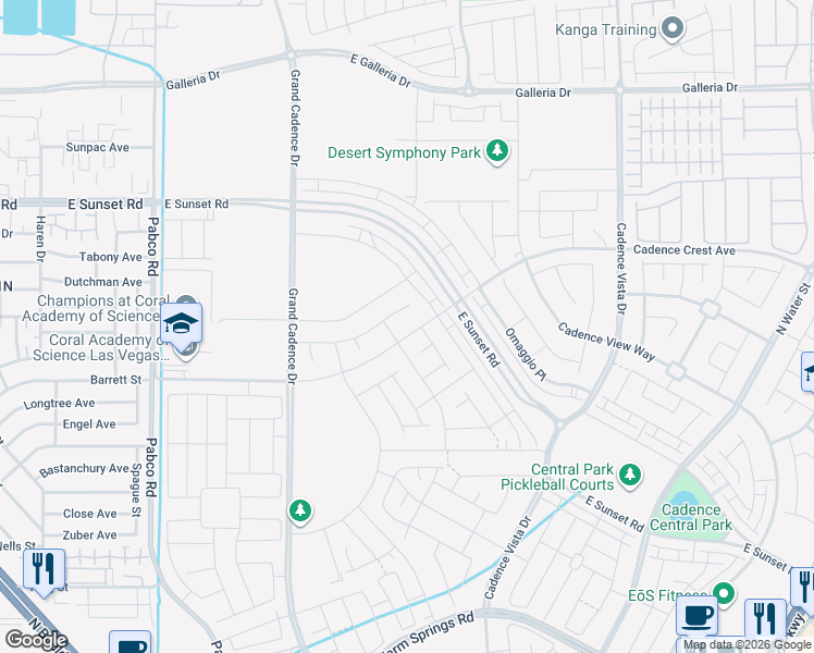 map of restaurants, bars, coffee shops, grocery stores, and more near 94 Cadence Crest Avenue in Henderson
