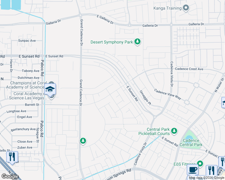 map of restaurants, bars, coffee shops, grocery stores, and more near Warm Springs Rd in Henderson