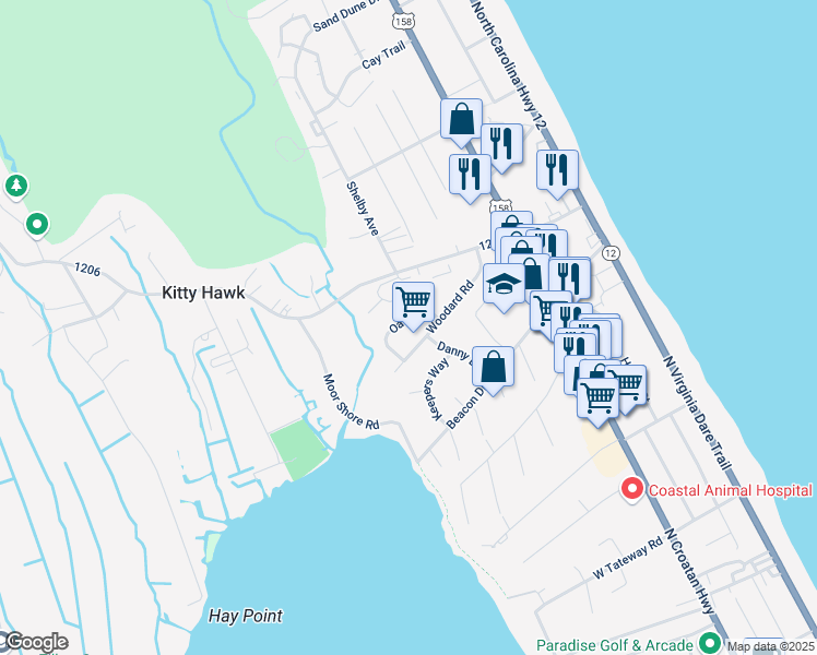 map of restaurants, bars, coffee shops, grocery stores, and more near 313 Oak Run in Kitty Hawk