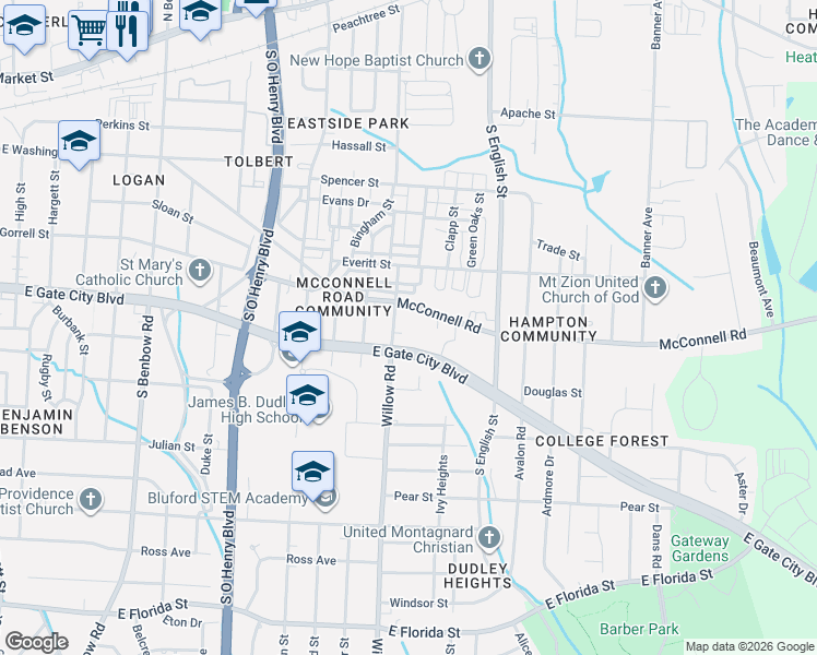 map of restaurants, bars, coffee shops, grocery stores, and more near in Greensboro