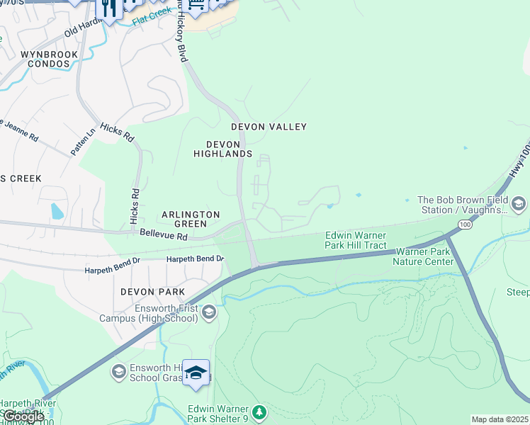 map of restaurants, bars, coffee shops, grocery stores, and more near 2828 Old Hickory Boulevard in Nashville