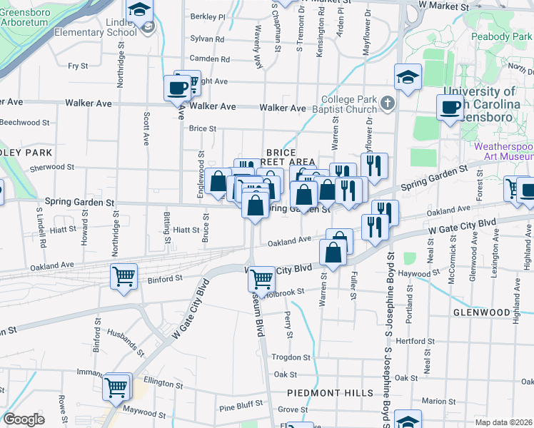 map of restaurants, bars, coffee shops, grocery stores, and more near in Greensboro
