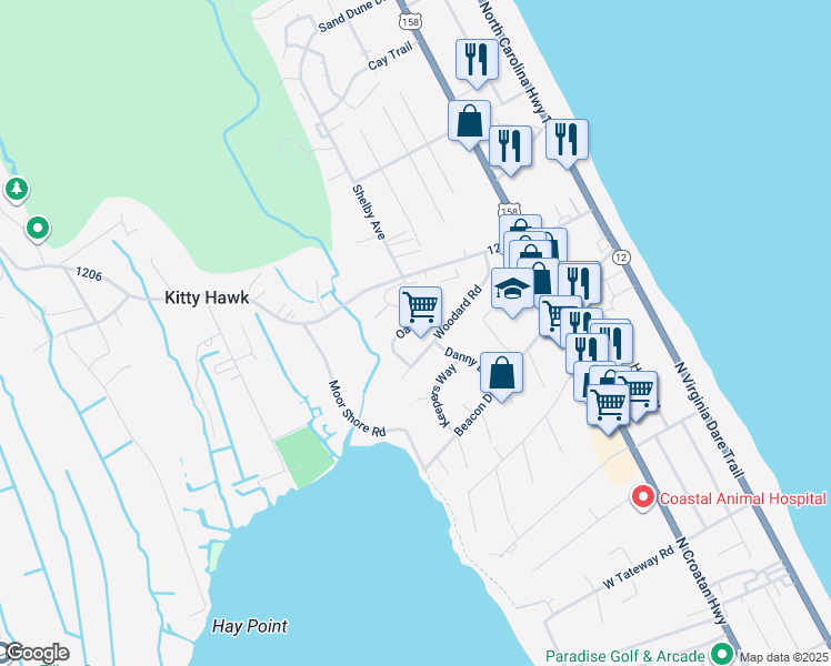 map of restaurants, bars, coffee shops, grocery stores, and more near 313 Oak Run in Kitty Hawk