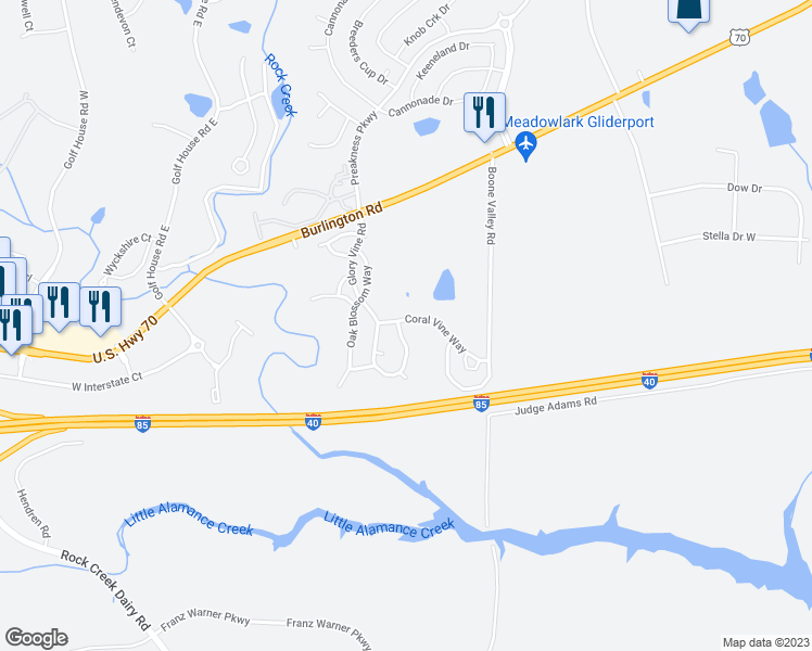 map of restaurants, bars, coffee shops, grocery stores, and more near 6418 Coral Vine Way in Whitsett