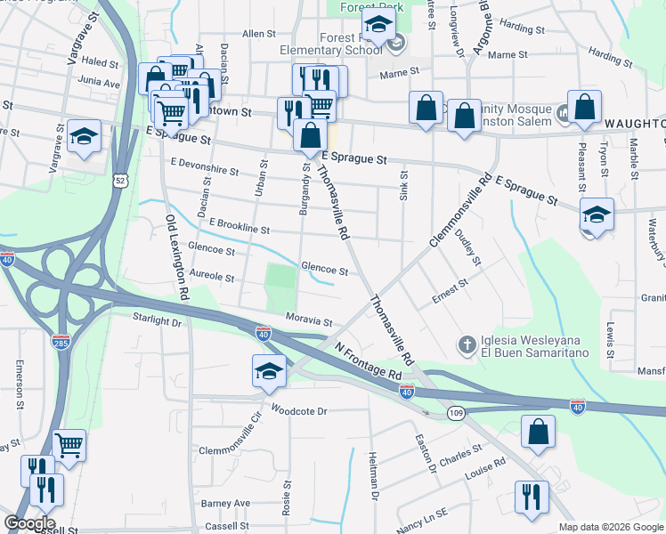 map of restaurants, bars, coffee shops, grocery stores, and more near 944 Glencoe Street in Winston-Salem