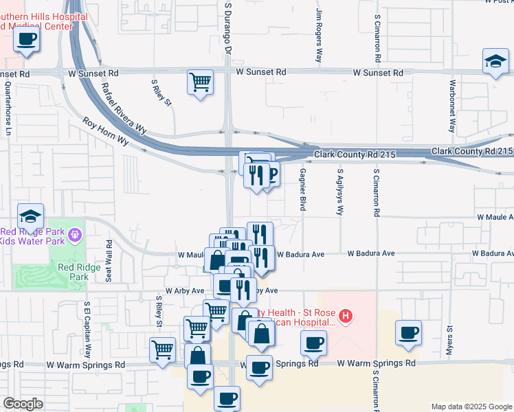 map of restaurants, bars, coffee shops, grocery stores, and more near 6484-6801 S Durango Dr in Las Vegas