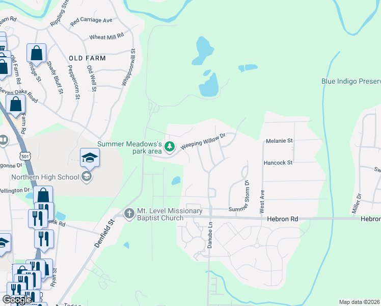 map of restaurants, bars, coffee shops, grocery stores, and more near 8 Crimson Clover Court in Durham