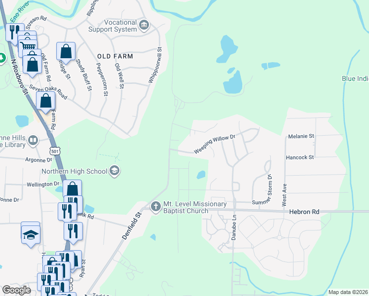 map of restaurants, bars, coffee shops, grocery stores, and more near 320 Weeping Willow Drive in Durham