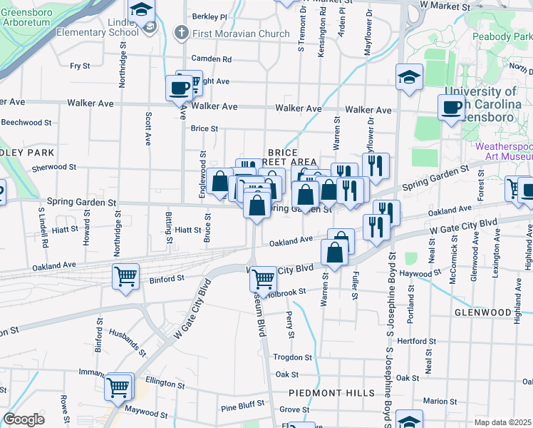 map of restaurants, bars, coffee shops, grocery stores, and more near in Greensboro