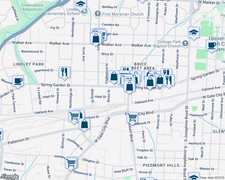 map of restaurants, bars, coffee shops, grocery stores, and more near 1923 Spring Garden Street in Greensboro