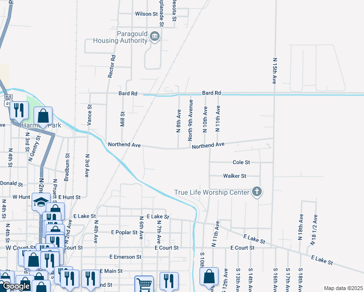 map of restaurants, bars, coffee shops, grocery stores, and more near 801 North End Avenue in Paragould