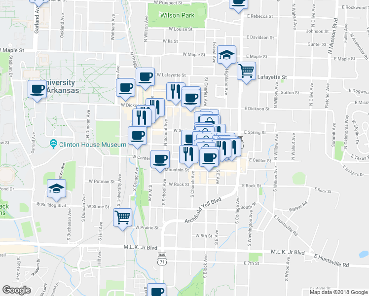 map of restaurants, bars, coffee shops, grocery stores, and more near in Fayetteville