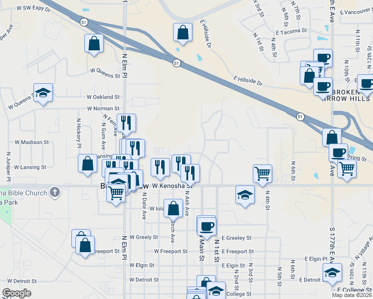 map of restaurants, bars, coffee shops, grocery stores, and more near 1204 North Kenwood Avenue in Broken Arrow