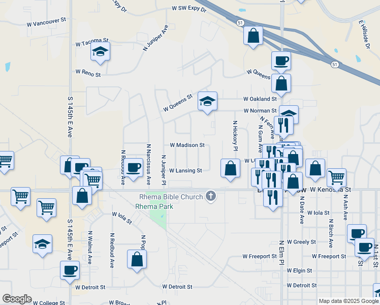 map of restaurants, bars, coffee shops, grocery stores, and more near 1114 North Ironwood Avenue in Broken Arrow