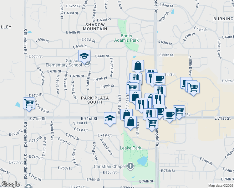 map of restaurants, bars, coffee shops, grocery stores, and more near 6832 South 77th East Avenue in Tulsa