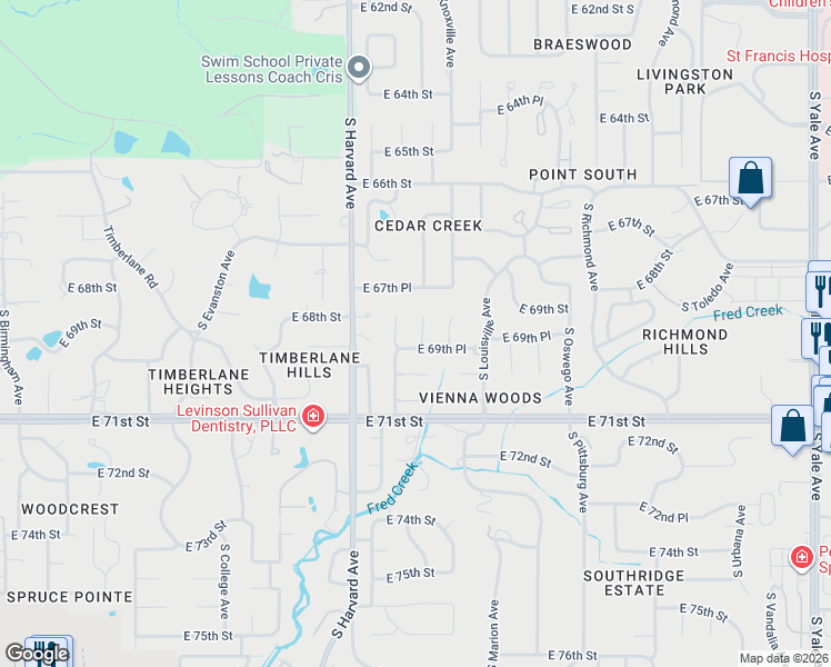 map of restaurants, bars, coffee shops, grocery stores, and more near 3612 East 69th Place in Tulsa