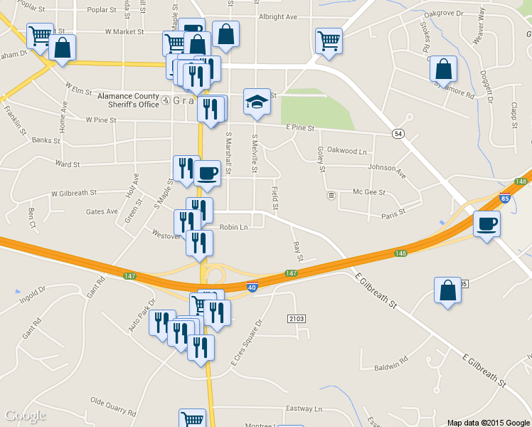 map of restaurants, bars, coffee shops, grocery stores, and more near 308 E Gilbreath St in Graham