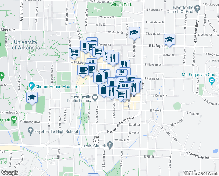 map of restaurants, bars, coffee shops, grocery stores, and more near 219 West Meadow Street in Fayetteville