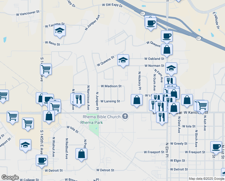 map of restaurants, bars, coffee shops, grocery stores, and more near 1114 North Ironwood Avenue in Broken Arrow