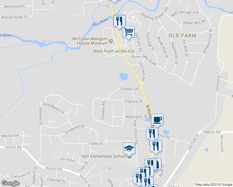 map of restaurants, bars, coffee shops, grocery stores, and more near 137 Chateau Road in Durham