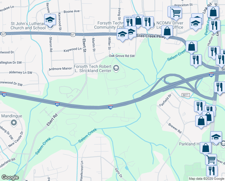 map of restaurants, bars, coffee shops, grocery stores, and more near 112 Weatherwood Court in Winston-Salem