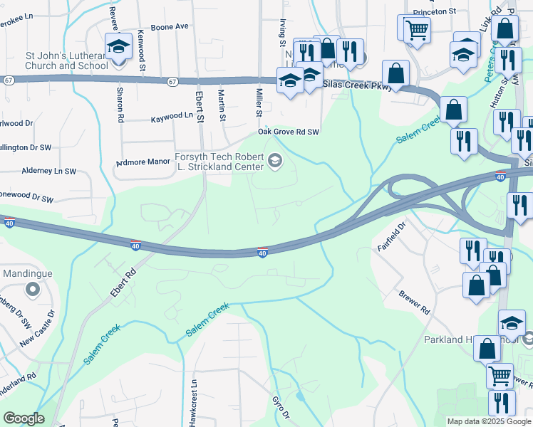 map of restaurants, bars, coffee shops, grocery stores, and more near 112 Weatherwood Court in Winston-Salem