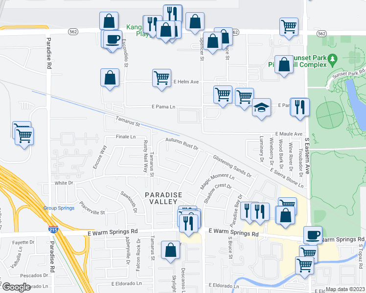 map of restaurants, bars, coffee shops, grocery stores, and more near 1701 Garden Path Court in Las Vegas