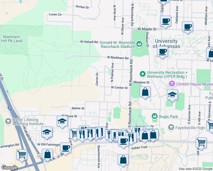 map of restaurants, bars, coffee shops, grocery stores, and more near 9 South Palmer Avenue in Fayetteville