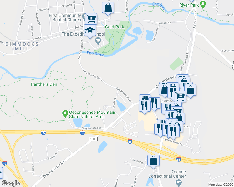 map of restaurants, bars, coffee shops, grocery stores, and more near 306 Elfin Boulevard in Hillsborough