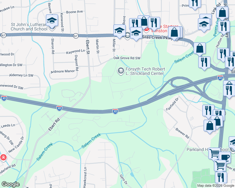 map of restaurants, bars, coffee shops, grocery stores, and more near 112 Weatherwood Court in Winston-Salem