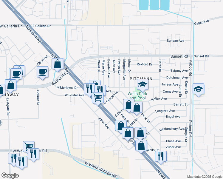 map of restaurants, bars, coffee shops, grocery stores, and more near 225 East Foster Avenue in Henderson