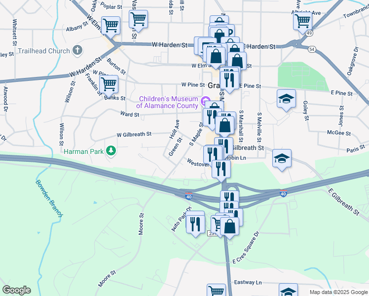 map of restaurants, bars, coffee shops, grocery stores, and more near 409 South Maple Street in Graham