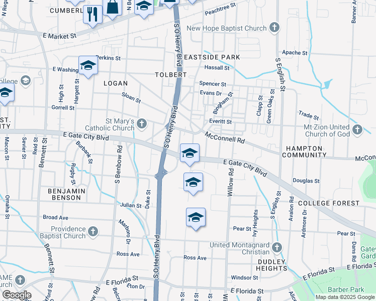 map of restaurants, bars, coffee shops, grocery stores, and more near 1002 Lincoln Street in Greensboro