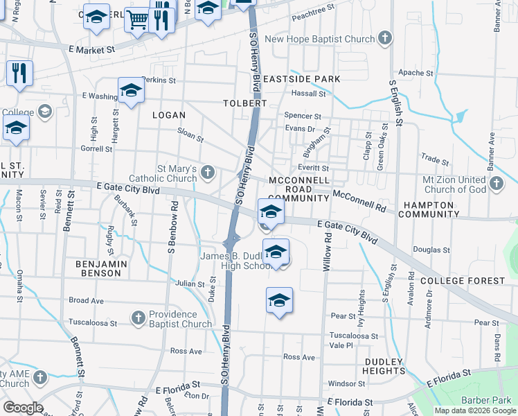 map of restaurants, bars, coffee shops, grocery stores, and more near 1002 Lincoln Street in Greensboro