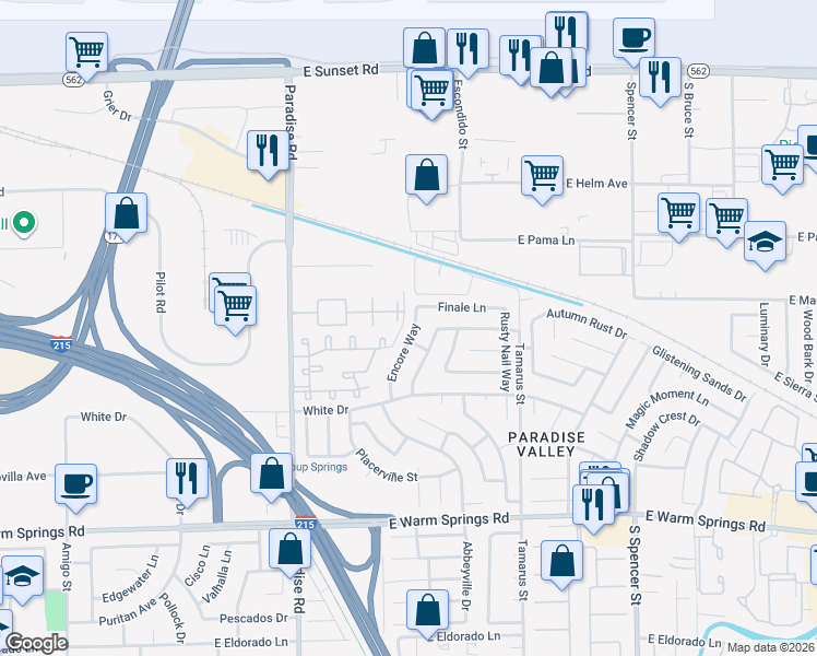 map of restaurants, bars, coffee shops, grocery stores, and more near 7005 Encore Way in Las Vegas