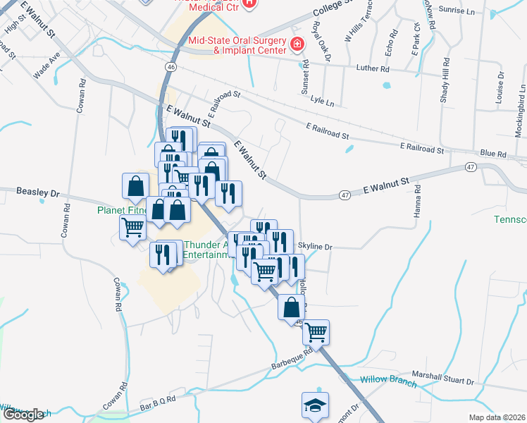 map of restaurants, bars, coffee shops, grocery stores, and more near 154 Mason Court in Dickson
