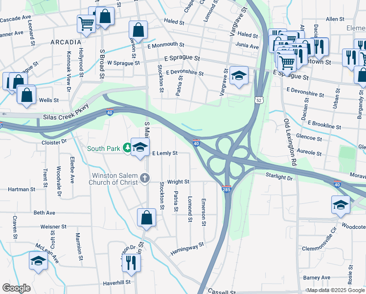 map of restaurants, bars, coffee shops, grocery stores, and more near 2707 Lomond Street in Winston-Salem