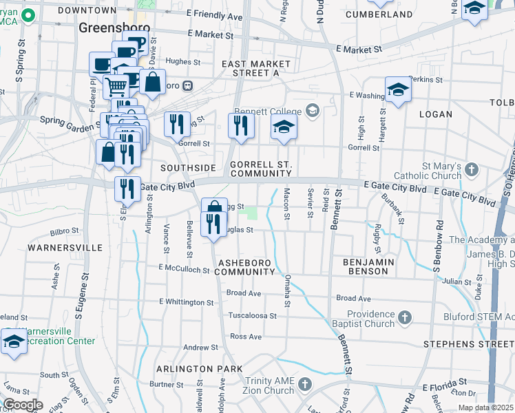 map of restaurants, bars, coffee shops, grocery stores, and more near 700 East Bragg Street in Greensboro