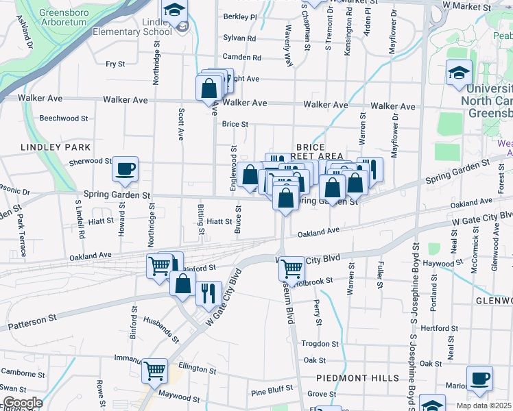 map of restaurants, bars, coffee shops, grocery stores, and more near 1919 Spring Garden Street in Greensboro