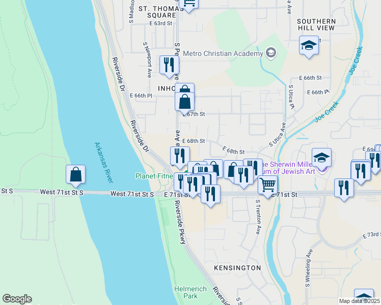 map of restaurants, bars, coffee shops, grocery stores, and more near 6832 South Quaker Avenue in Tulsa
