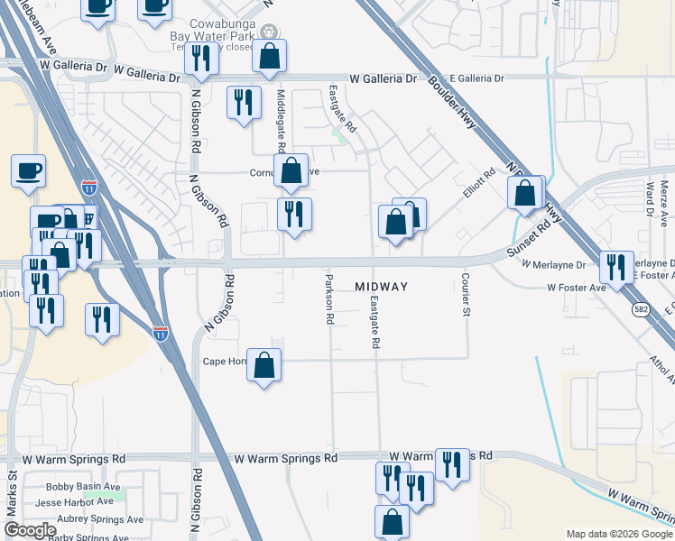 map of restaurants, bars, coffee shops, grocery stores, and more near Sunset Road in Henderson