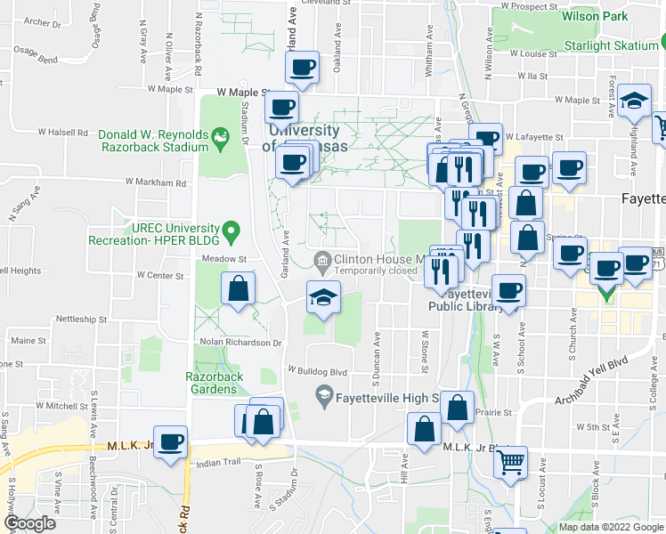 map of restaurants, bars, coffee shops, grocery stores, and more near 912 West Clinton Drive in Fayetteville