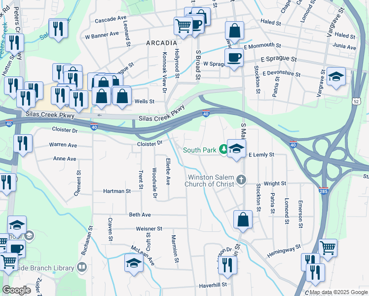 map of restaurants, bars, coffee shops, grocery stores, and more near 332 Lemly Street Southwest in Winston-Salem