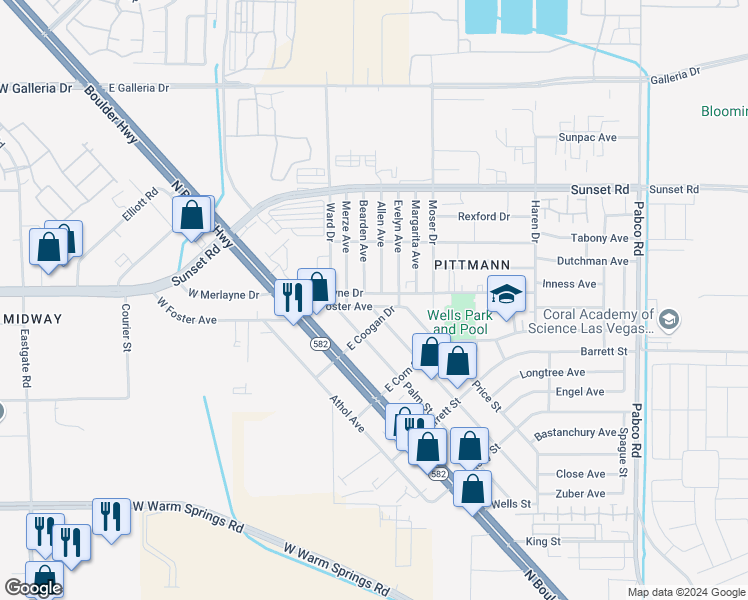 map of restaurants, bars, coffee shops, grocery stores, and more near 225 East Foster Avenue in Henderson