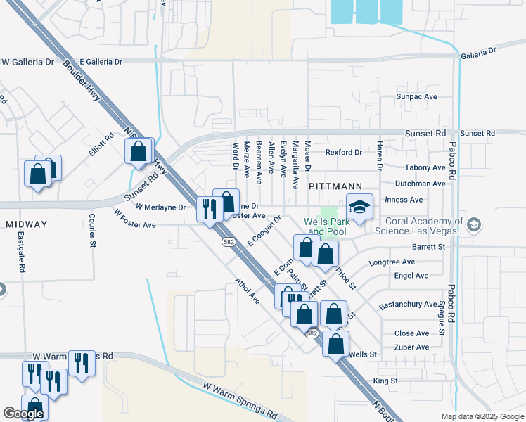 map of restaurants, bars, coffee shops, grocery stores, and more near 218 East Merlayne Drive in Henderson