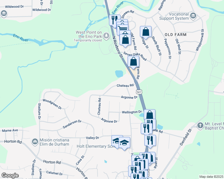map of restaurants, bars, coffee shops, grocery stores, and more near 137 Chateau Road in Durham
