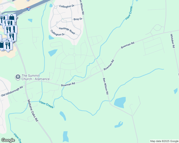 map of restaurants, bars, coffee shops, grocery stores, and more near 117 McDowell Lane in Mebane