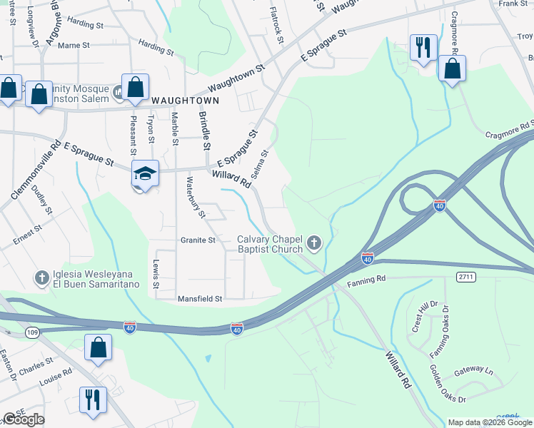 map of restaurants, bars, coffee shops, grocery stores, and more near 2420 Willard Road in Winston-Salem